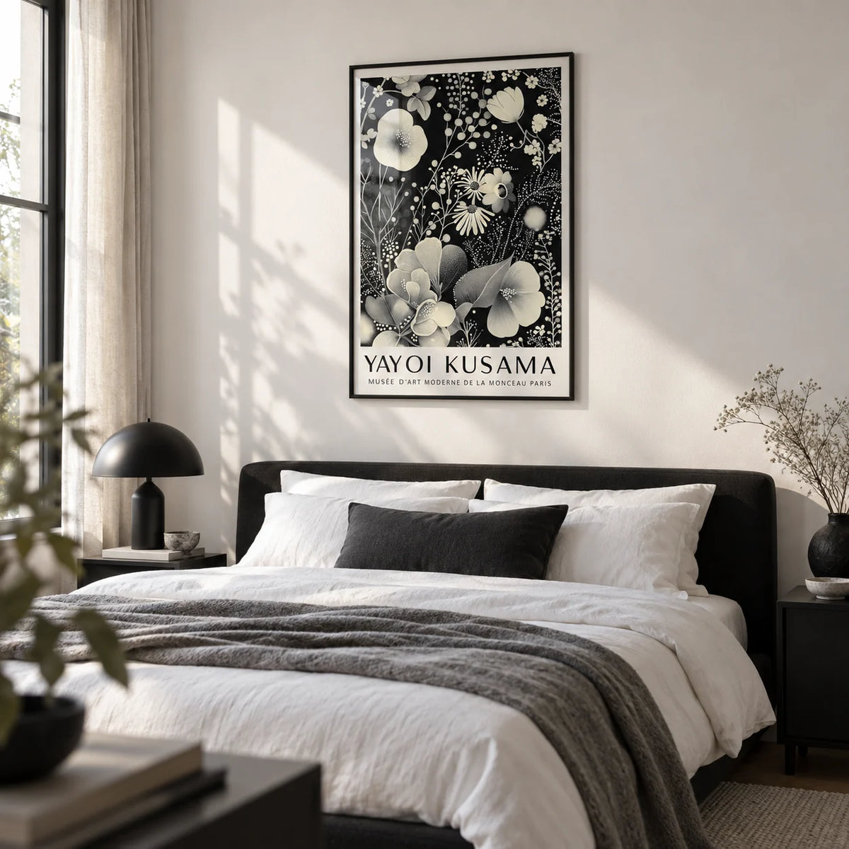 Large Floral Wall Art, framed on the wall of a monochrome bedroom with a soft white wall