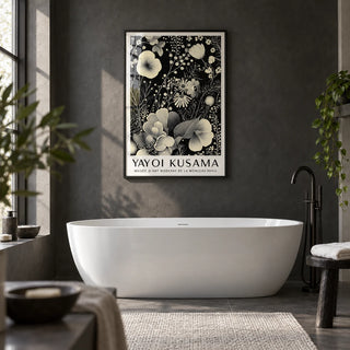 Large Floral Wall Art, framed on the wall of a sleek modern bathroom with a charcoal plaster wall