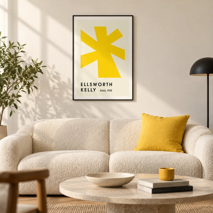 Large Minimalist Wall Art, framed on the wall of a bright minimal living room with a warm white wall