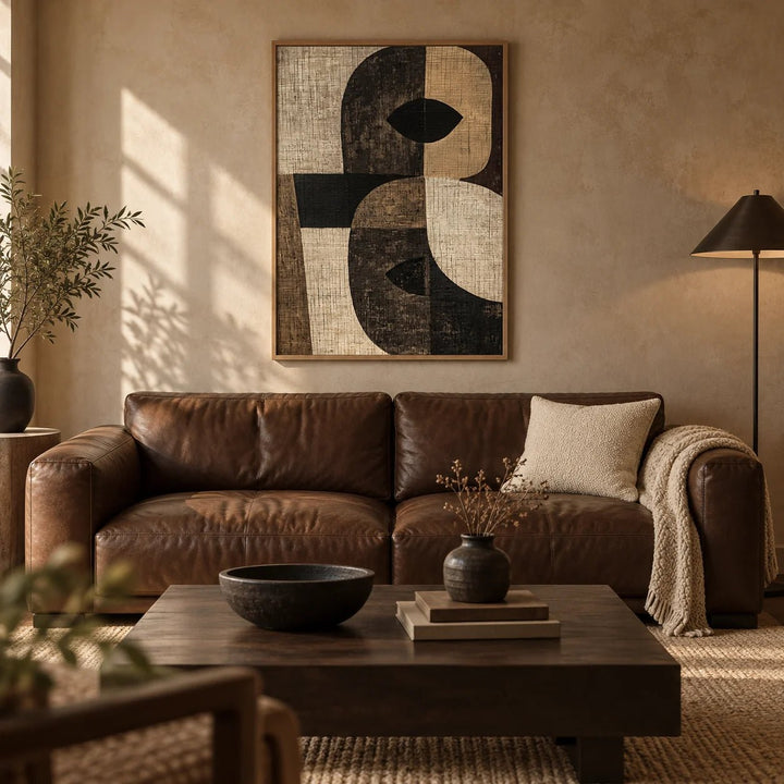 Large Owl Wall Art, framed on the wall of a earthy living room with a warm plaster wall