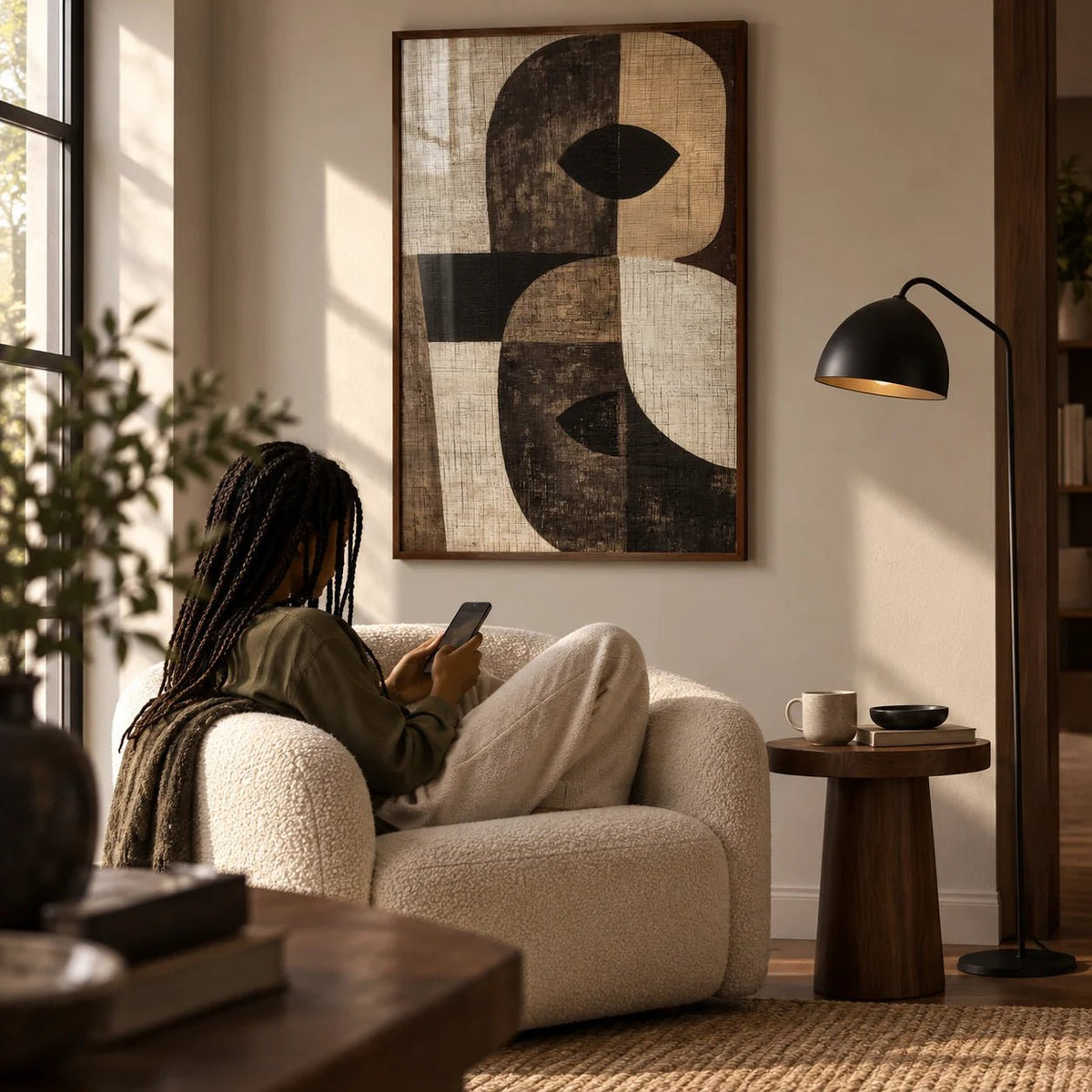 Large Owl Wall Art, framed on the wall of a quiet reading corner in a living room