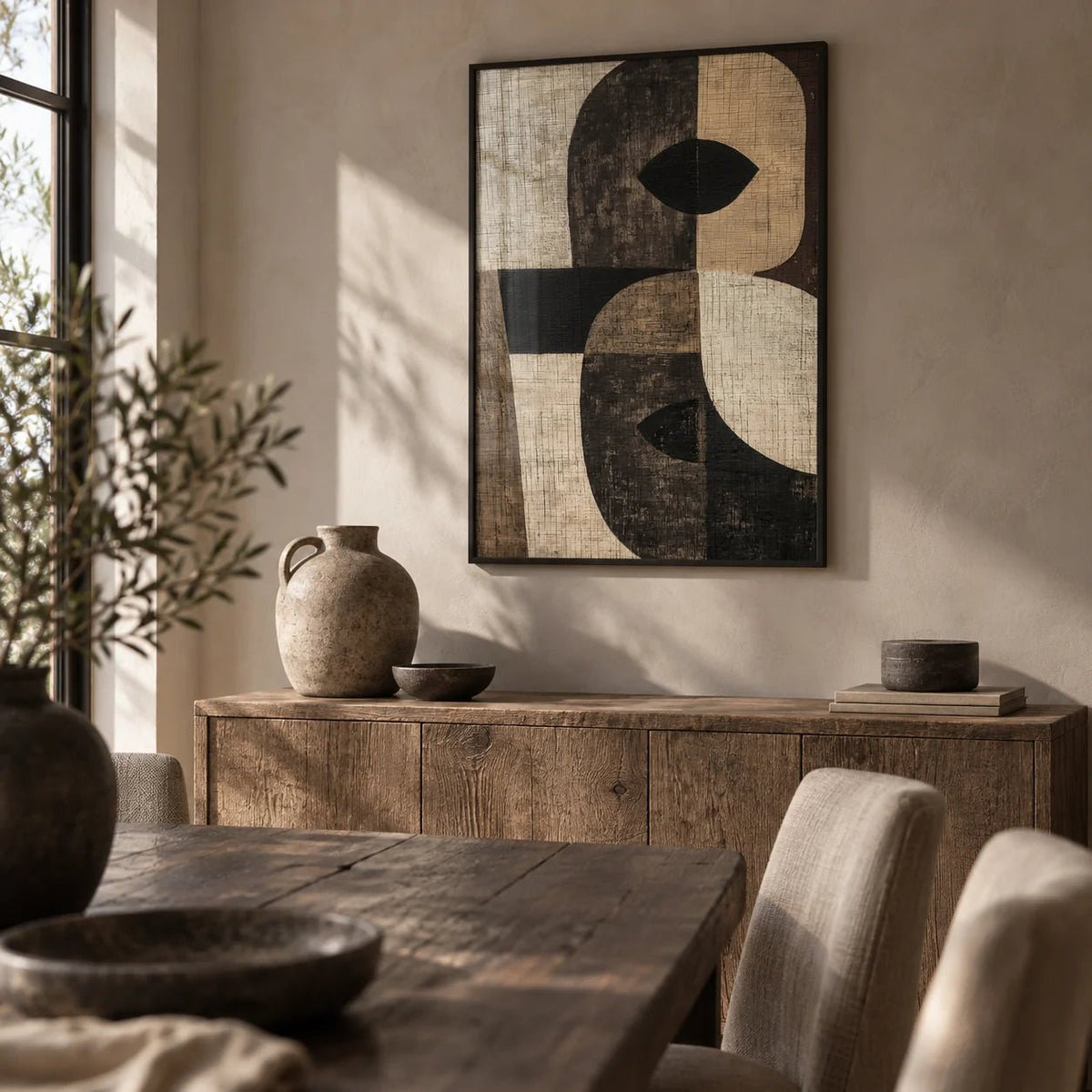 Large Owl Wall Art, framed on the wall of a wabi-sabi dining room