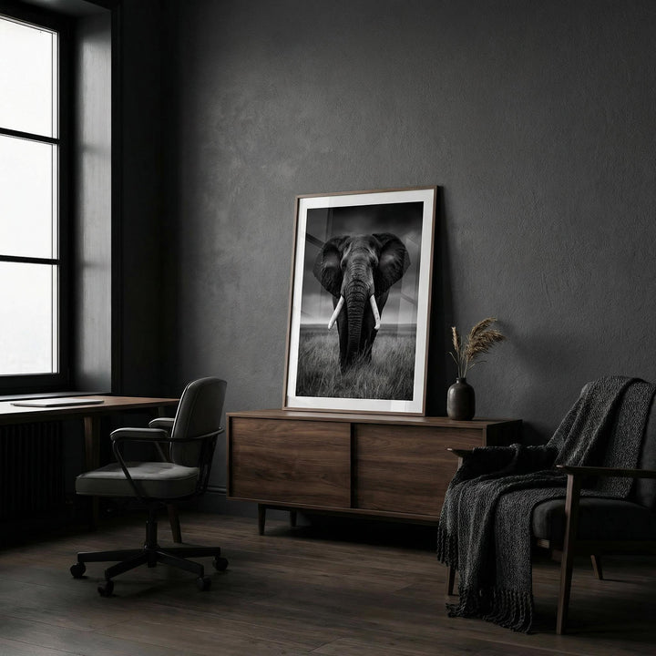 Black And White Elephant Print leaning on a wooden sideboard with a vase in a dark room