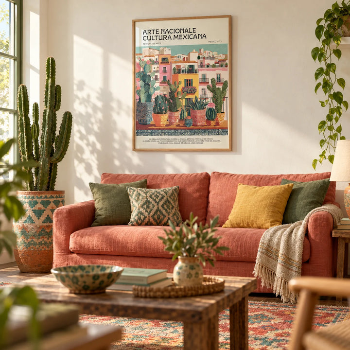 Latin American Wall Art, framed on the wall of a sunny living room