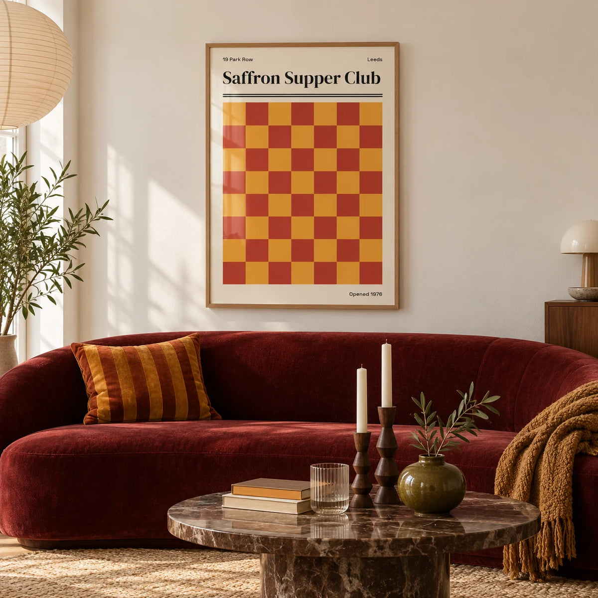 Leeds Print, framed on the wall of a calm living room with a warm white wall
