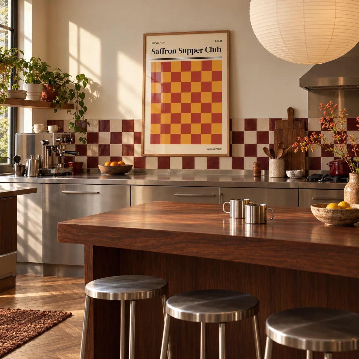 Leeds Print, framed on the wall of a warm kitchen with a burgundy and cream checkerboard tile splashback and brushed steel cabinets