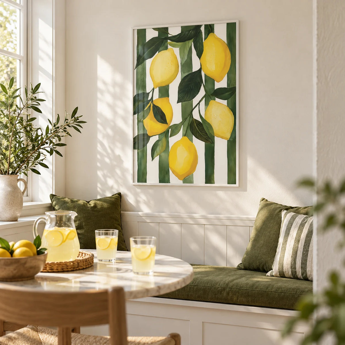 Lemon Tree Painting, framed on the wall of a breakfast nook in a kitchen