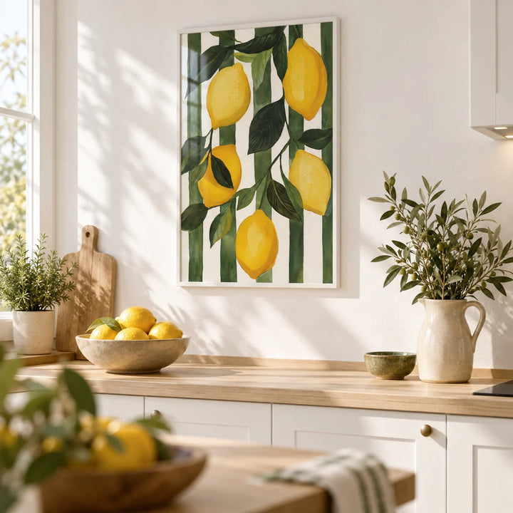 Lemon Tree Painting, framed on the wall of a bright kitchen