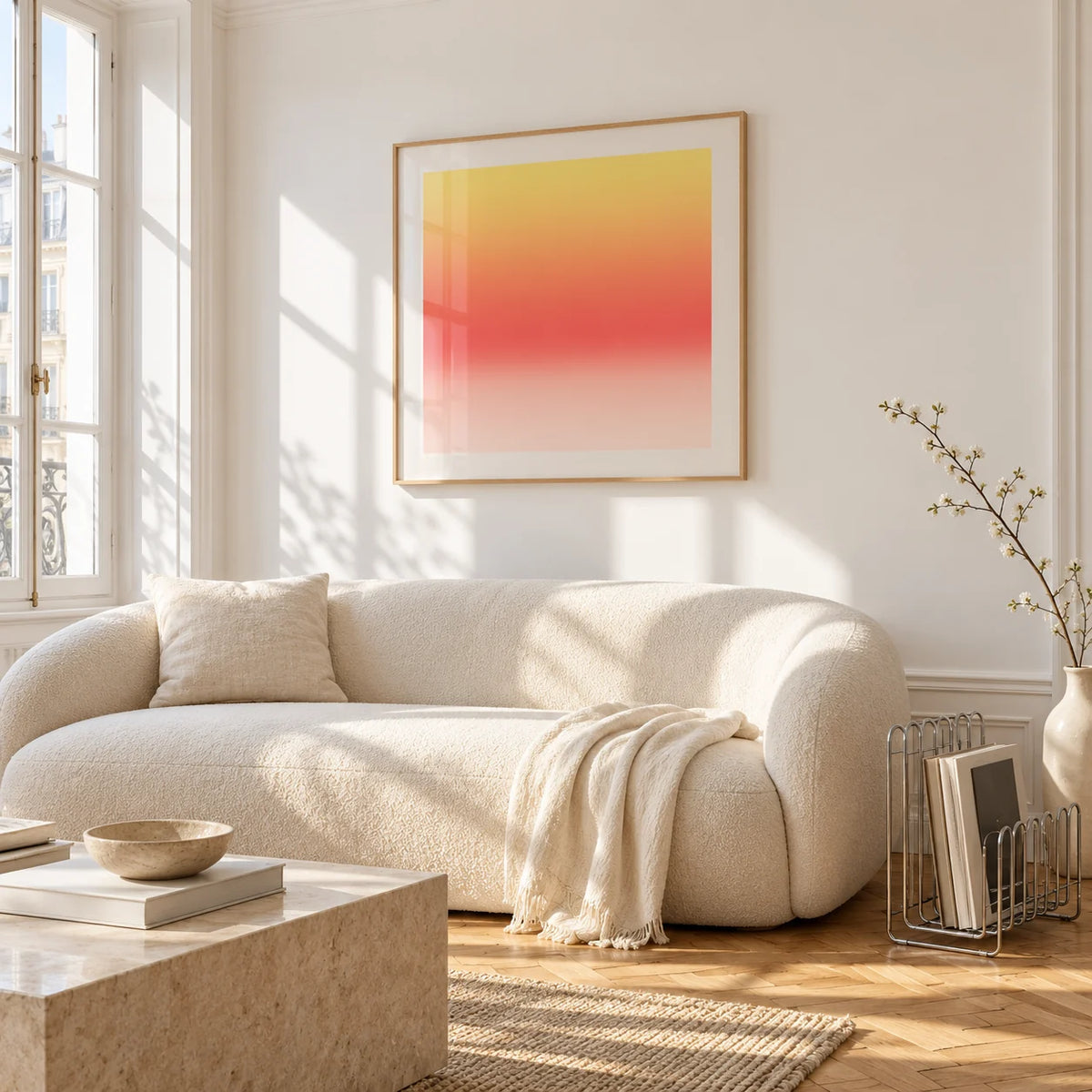 Lemon Sunset Print, framed on the wall of a bright living room corner