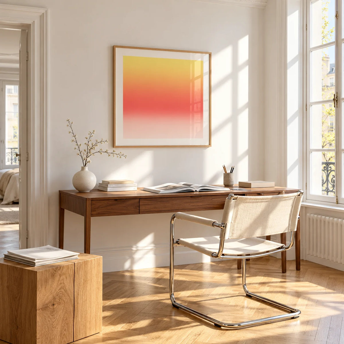 Lemon Sunset Print, framed on the wall of a bright study corner with a tall white paned window