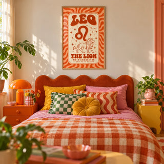 Leo Poster, framed on the wall of a colourful dopamine bedroom