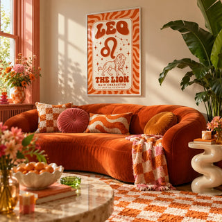 Leo Poster, framed on the wall of a maximalist living room