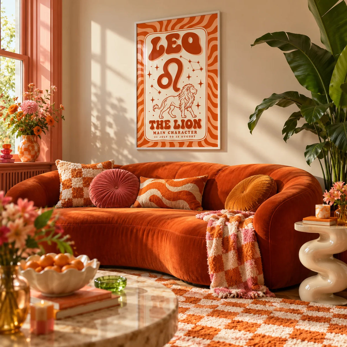 Leo Poster, framed on the wall of a maximalist living room