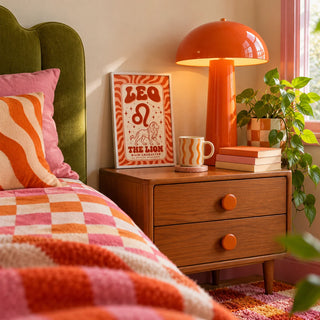 Leo Poster, a small A4 framed print leaning on a bedside table