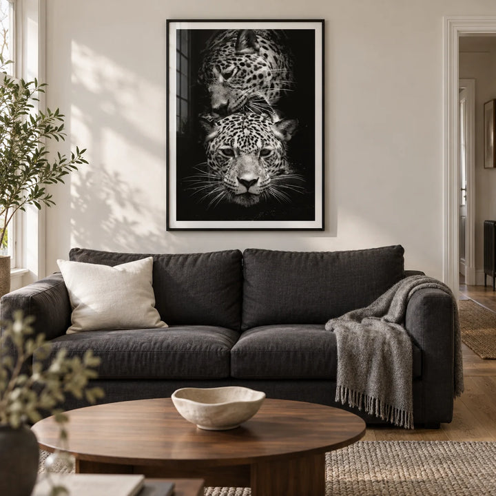 Leopard Photography Print, framed on the wall of a contemporary living room in a UK terraced house with a soft white wall and oak floor