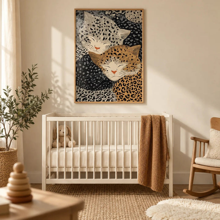 Leopard Print Wall Art, framed on the wall of a calm nursery with a warm cream wall