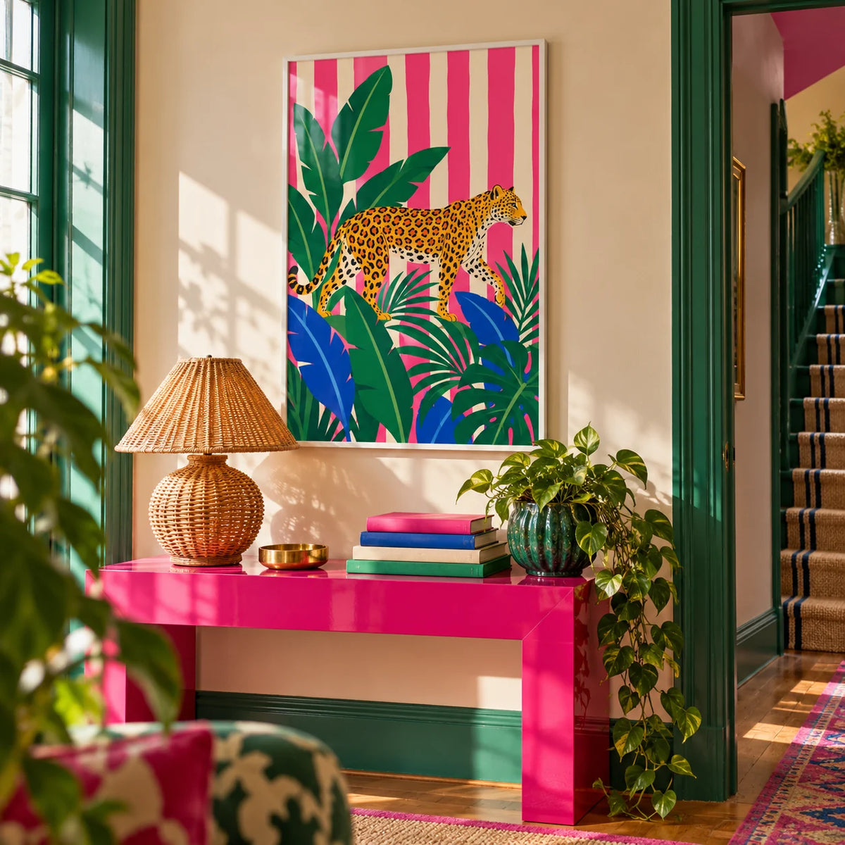 Leopard Prowl Poster, framed on the wall of a colourful hallway