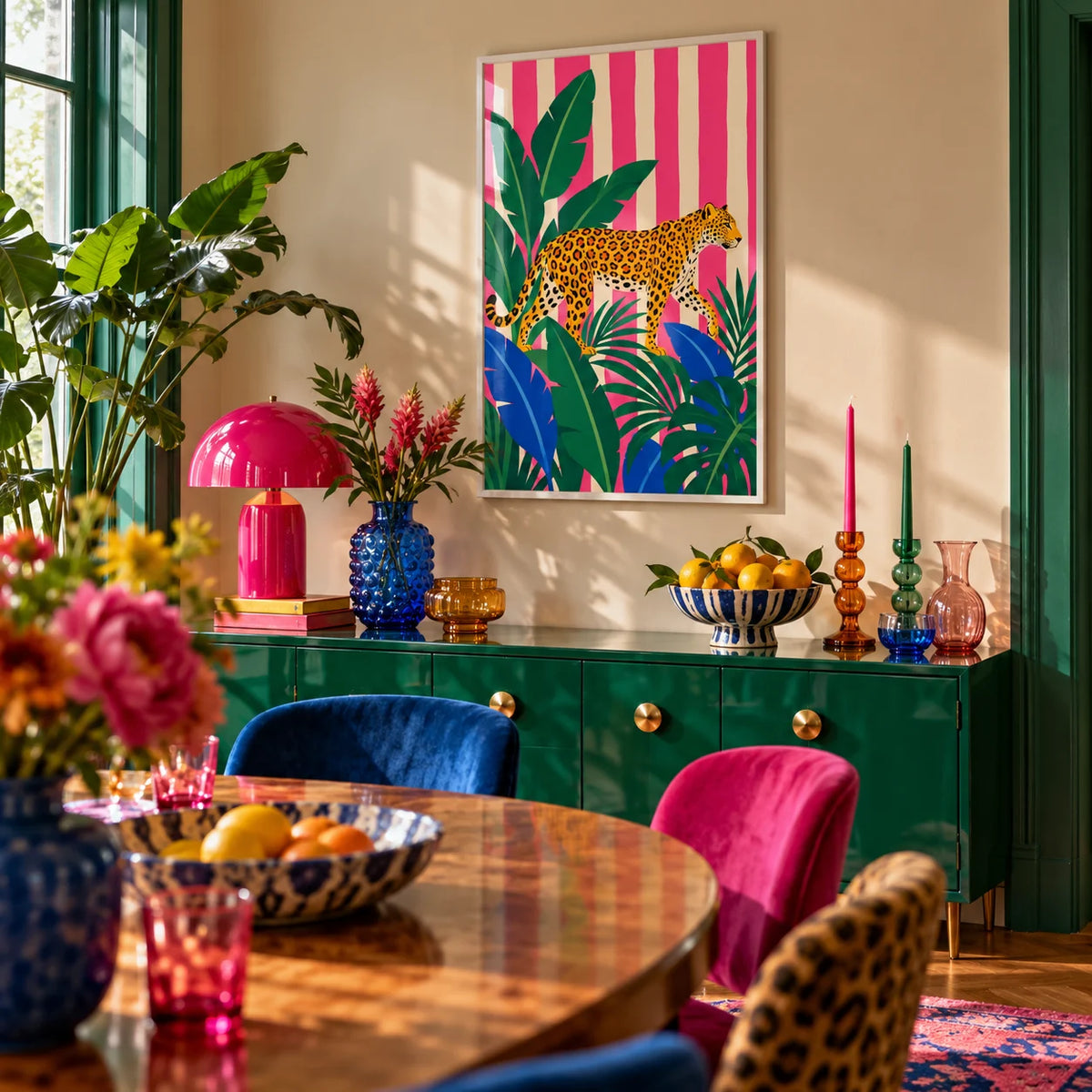 Leopard Prowl Poster, framed on the wall of a maximalist dining room