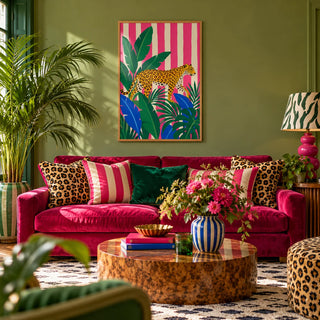 Leopard Prowl Poster, framed on the wall of a maximalist living room