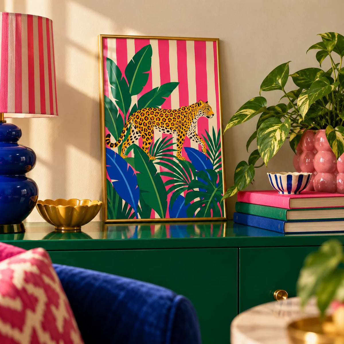 Leopard Prowl Poster, a small A4 framed print leaning on a colourful lacquered shelf in a living room