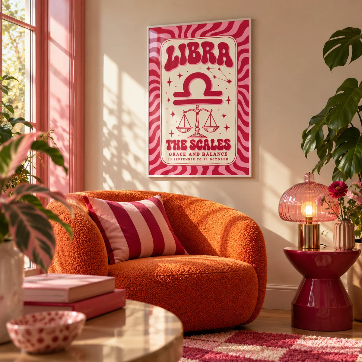 Libra Wall Art, framed on the wall of a cosy colourful reading nook in a living room