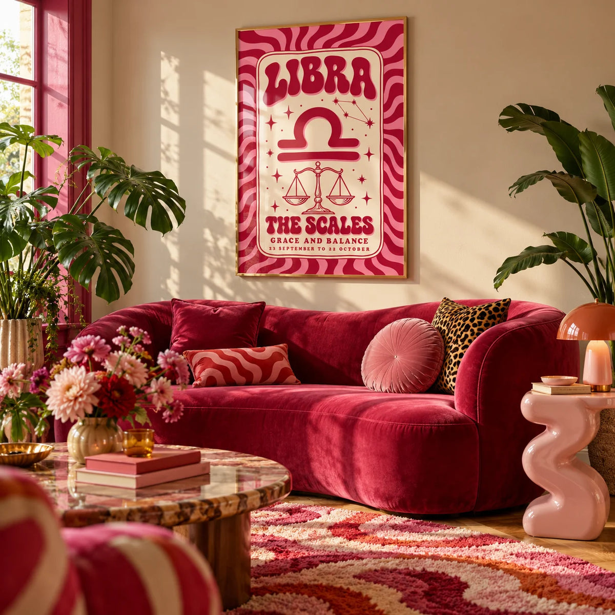 Libra Wall Art, framed on the wall of a maximalist living room