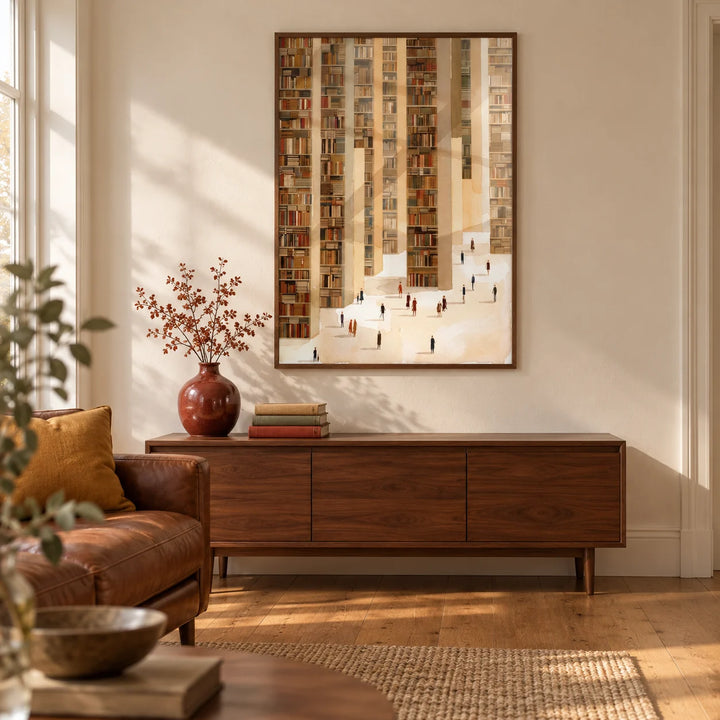 Library Art Print, framed on the wall of a warm living room in a Victorian terrace with cream plaster walls and an oak floor