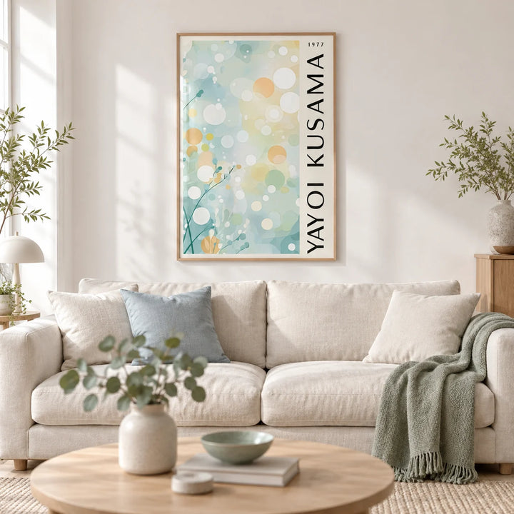 Light Blue Wall Decor, framed on the wall of a calm Scandi living room with a soft white wall and a pale oak floor