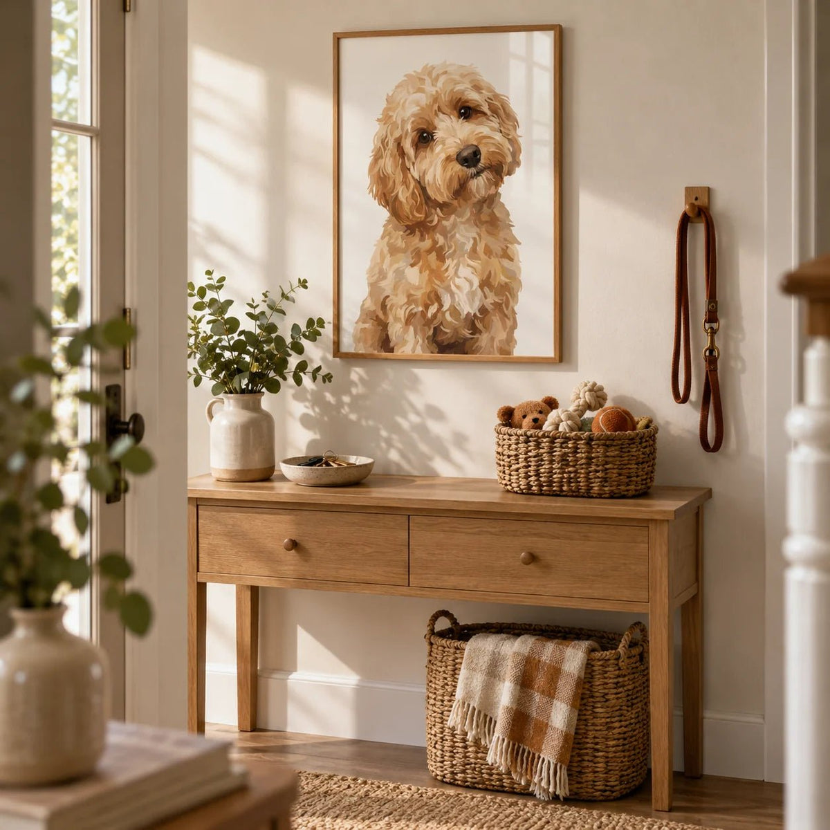 Light Brown Cockapoo Print, framed on the wall of a hallway by the front door