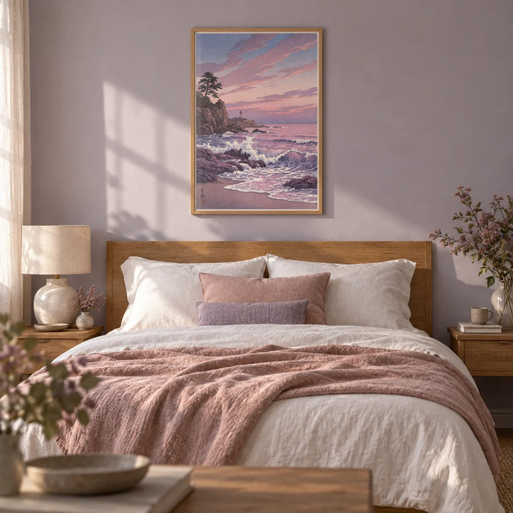 Lighthouse Sunset Wall Art, framed on the wall of a calm bedroom with a soft lilac grey wall