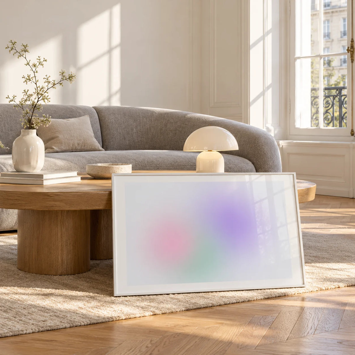 Lilac and Mint Print, framed and leaning against a coffee table in a bright living room