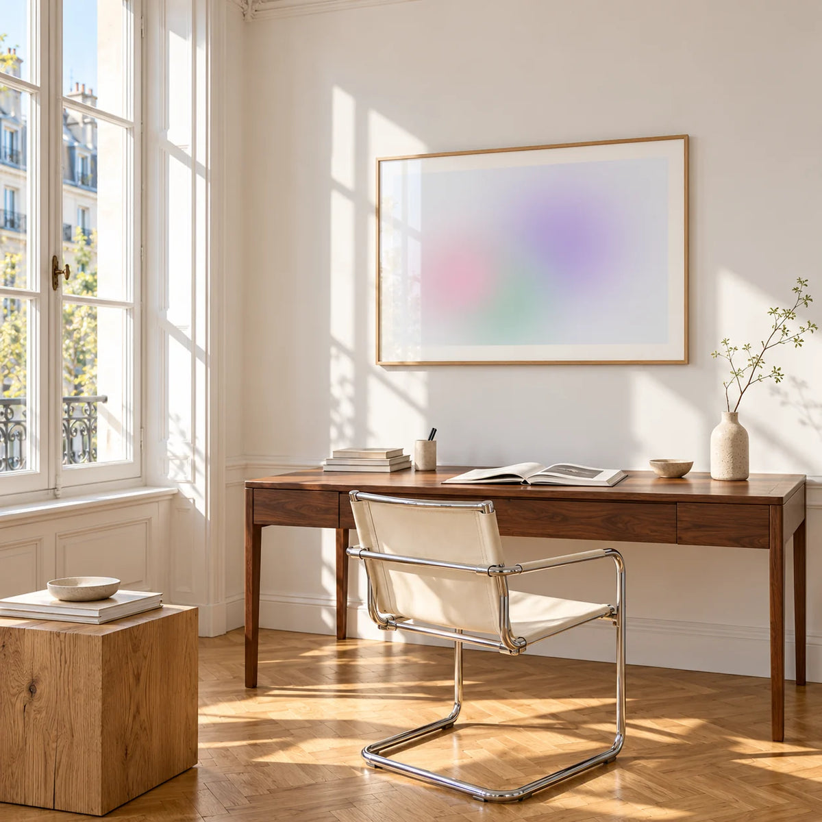 Lilac and Mint Print, framed on the wall of a bright study corner with a tall white paned window