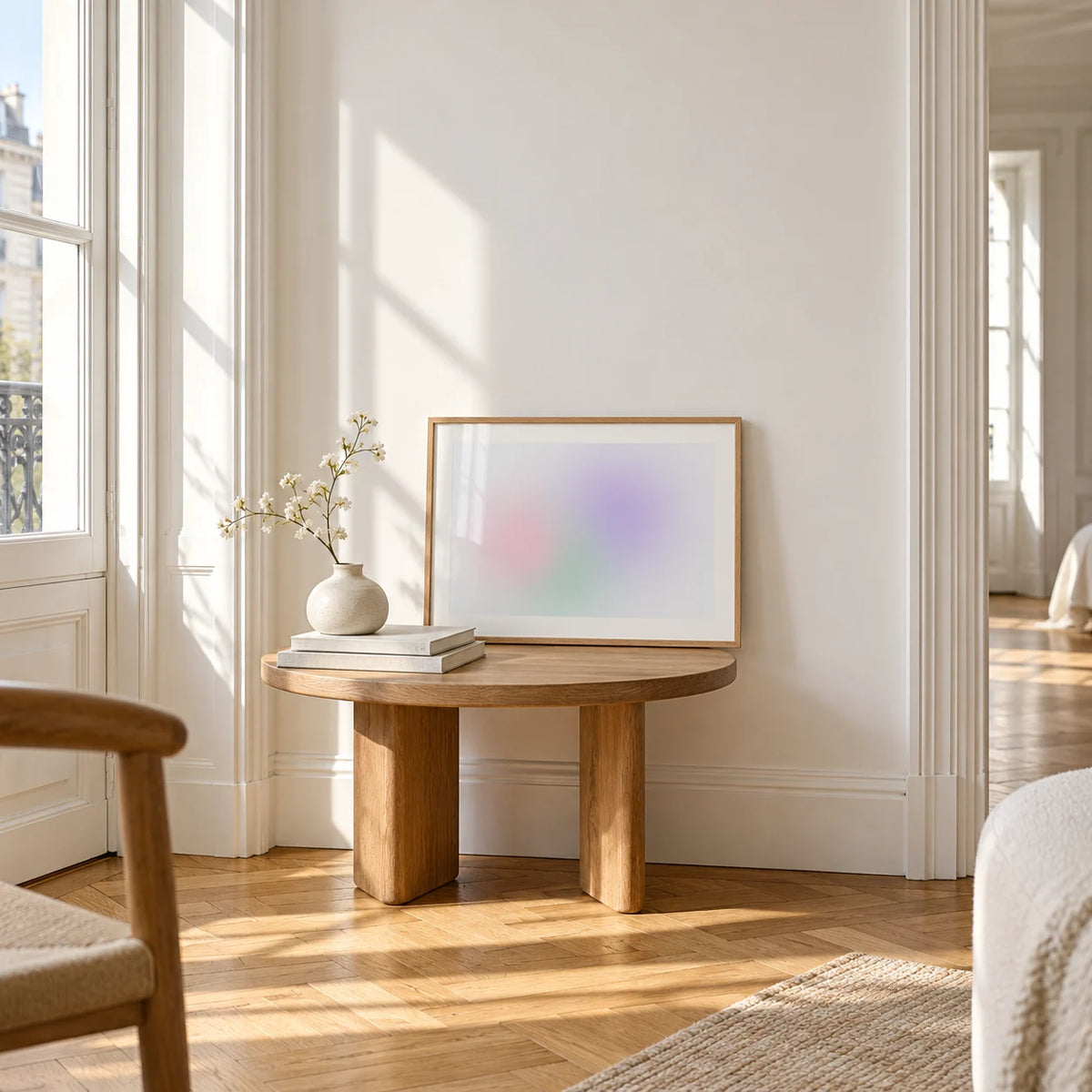 Lilac and Mint Print, a small A4 framed print leaning on a small solid oak side table