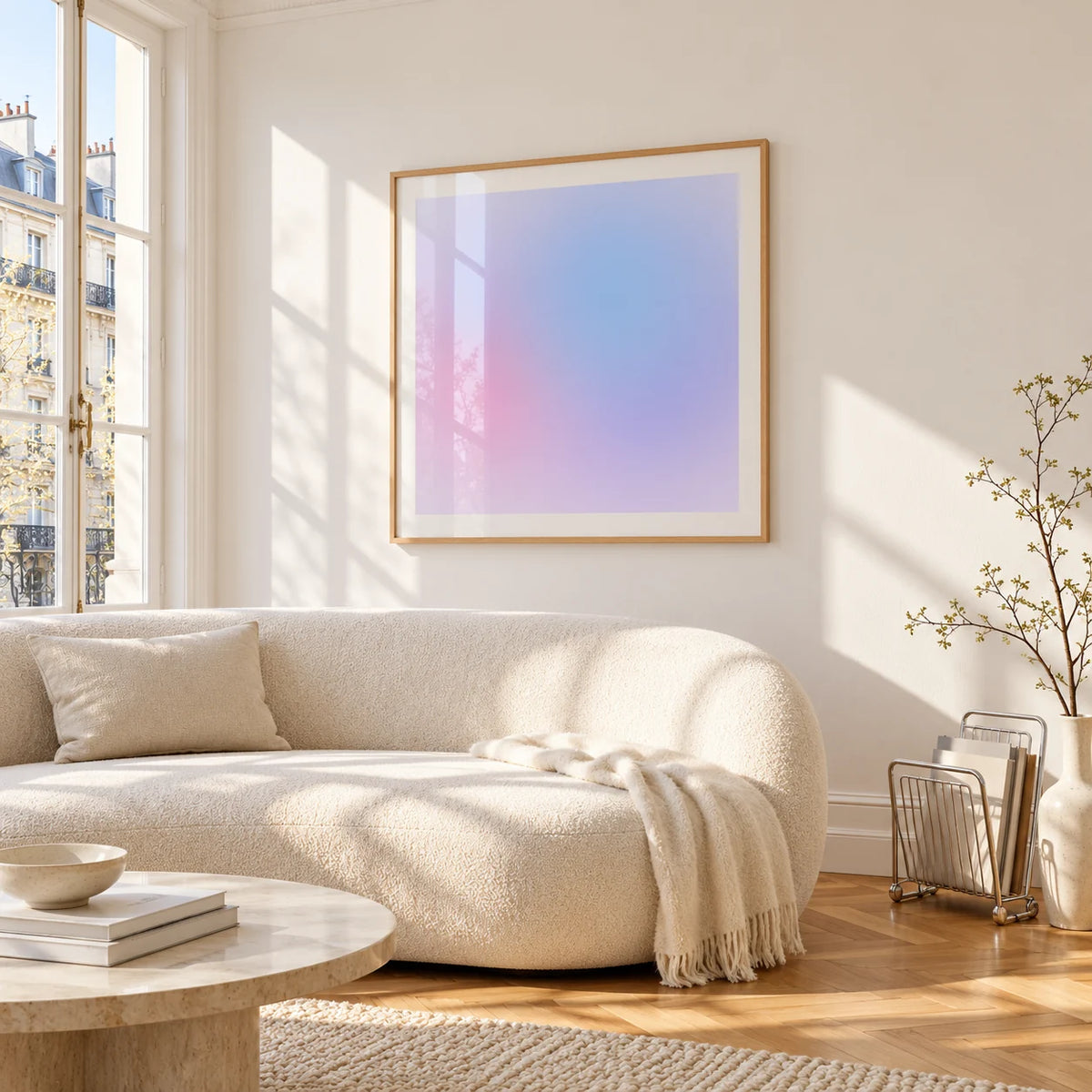 Lilac Haze Print, framed on the wall of a bright living room corner