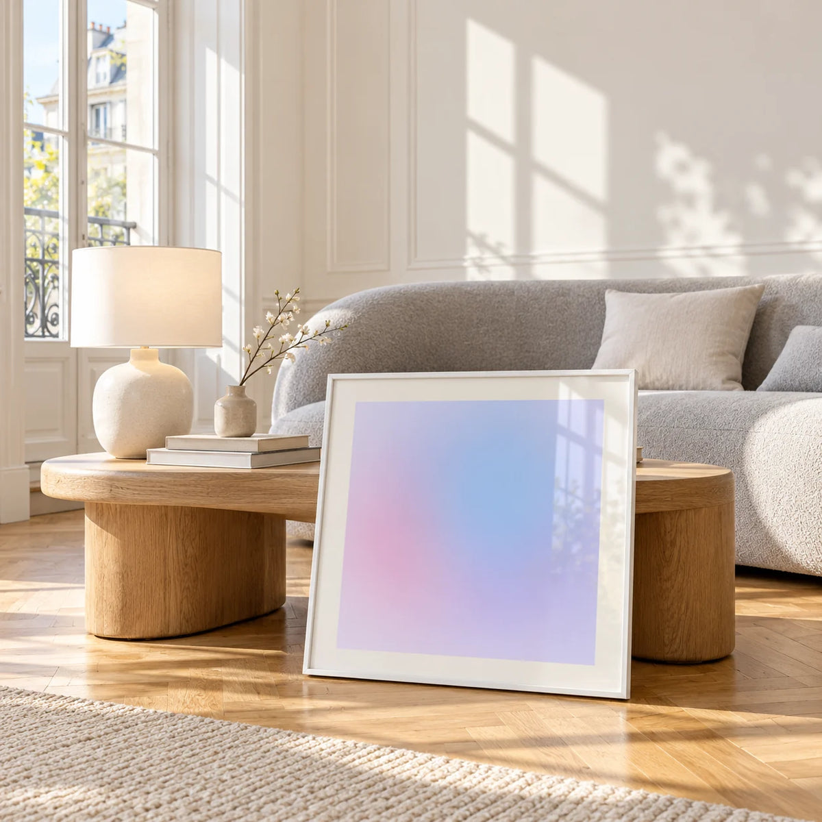 Lilac Haze Print, framed and leaning against a coffee table in a bright living room