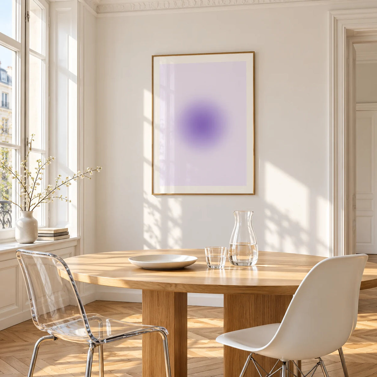 Lilac Wall Art, framed on the wall of a bright dining corner