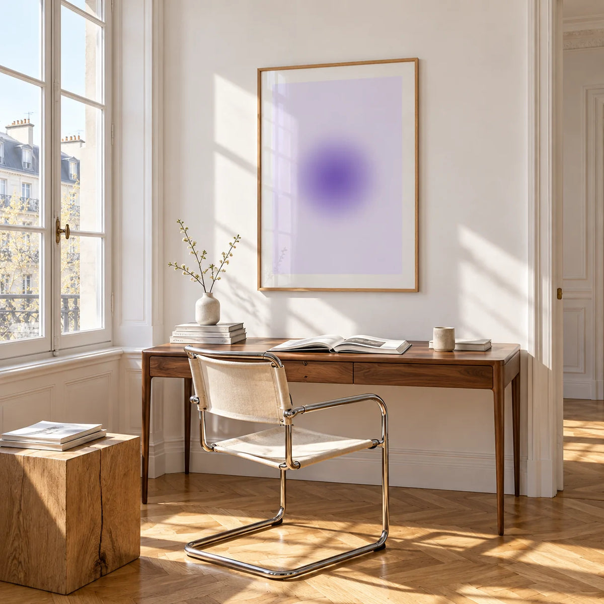 Lilac Wall Art, framed on the wall of a bright study corner with a tall white paned window