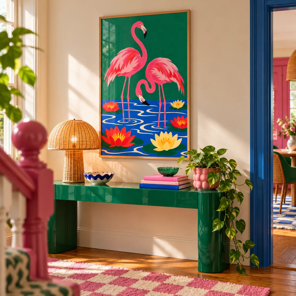 Lily Pond Flamingos Print, framed on the wall of a colourful hallway