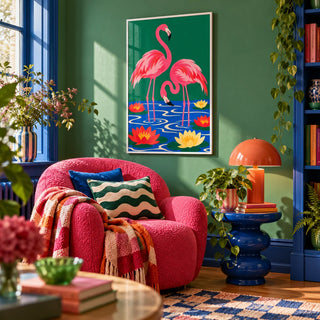 Lily Pond Flamingos Print, framed on the wall of a cosy maximalist reading nook in a living room