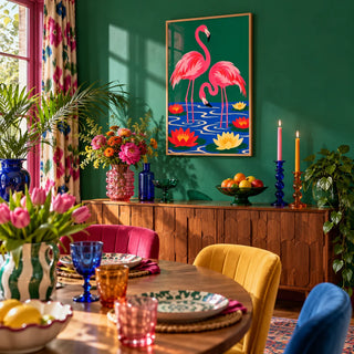 Lily Pond Flamingos Print, framed on the wall of a maximalist dining room