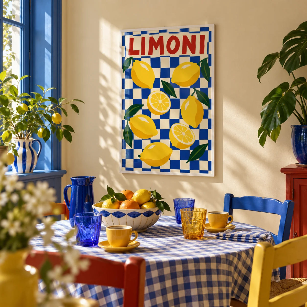 Limoni Checkerboard Print, framed on the wall of a bright breakfast nook in a kitchen
