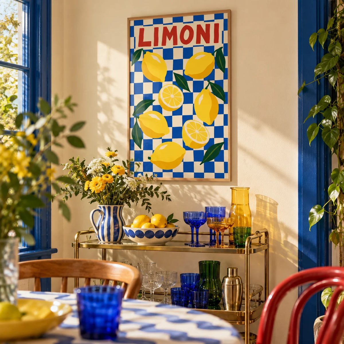 Limoni Checkerboard Print, framed on the wall of a colourful dining corner
