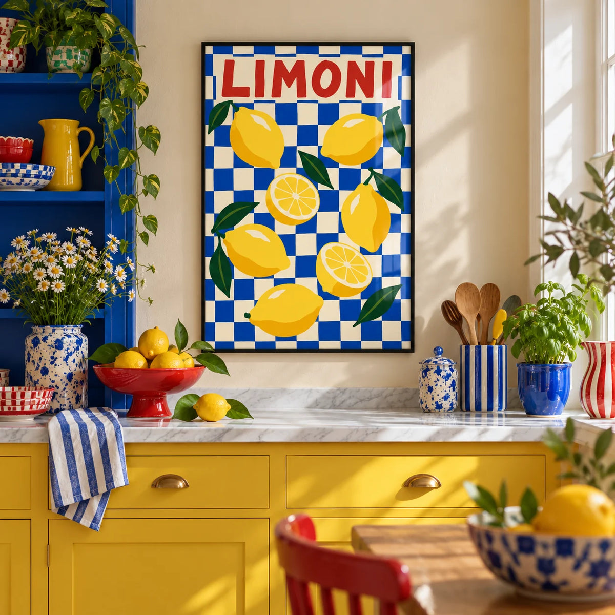Limoni Checkerboard Print, framed on the wall of a colourful dopamine kitchen