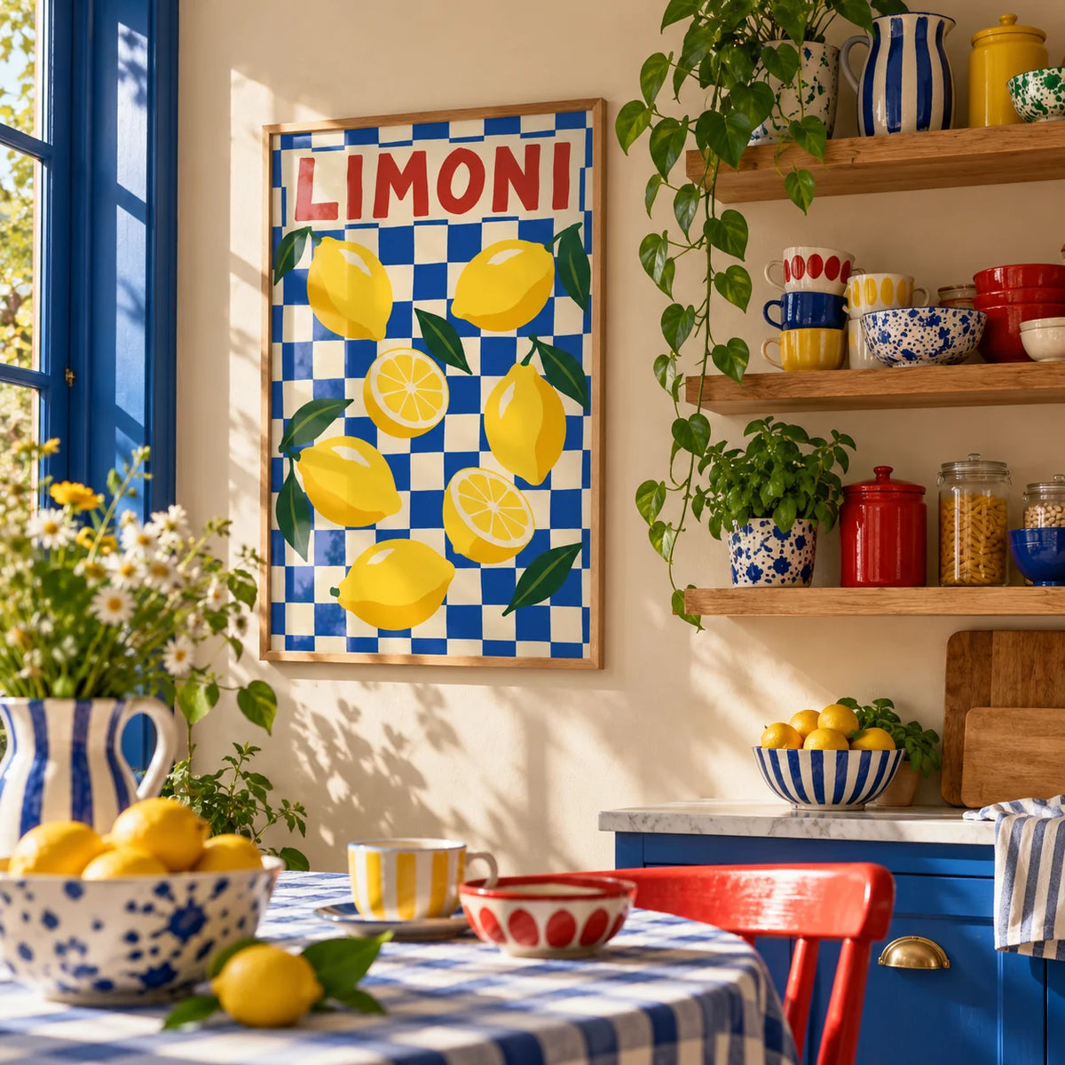 Limoni Checkerboard Print, framed on the wall of a fun kitchen corner