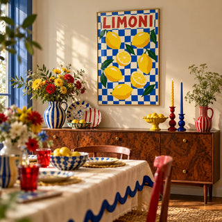 Limoni Checkerboard Print, framed on the wall of a maximalist dining room