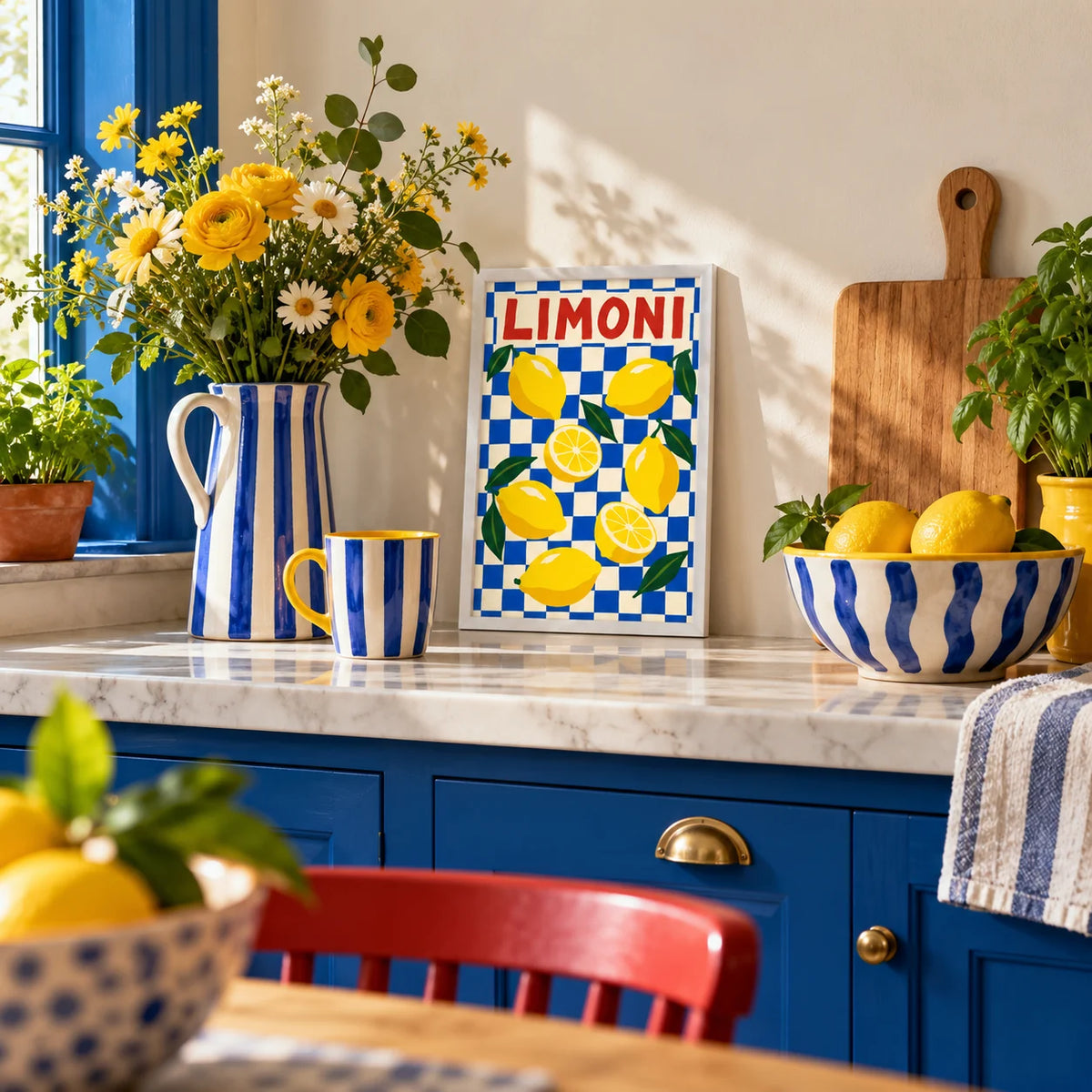 Limoni Checkerboard Print, a small A4 framed print leaning on a kitchen worktop
