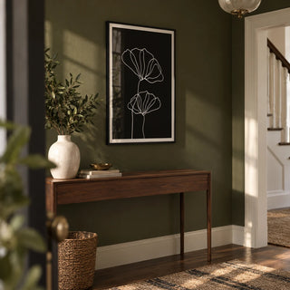 Line Art Floral Print, framed on the wall of a characterful hallway with a deep olive green painted wall