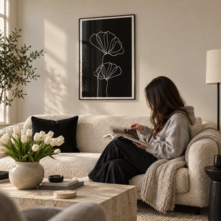Line Art Floral Print, framed on the wall of a stylish living room