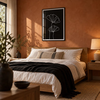 Line Art Floral Print, framed on the wall of a warm modern bedroom with a terracotta limewashed wall