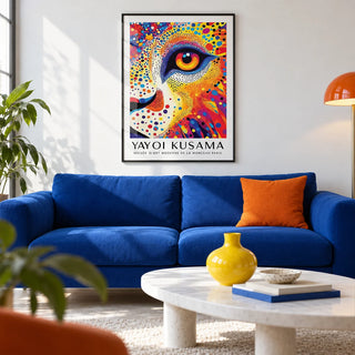 Lion Animal Poster, framed on the wall of a bold modern city flat living room with a crisp white wall and a pale concrete floor